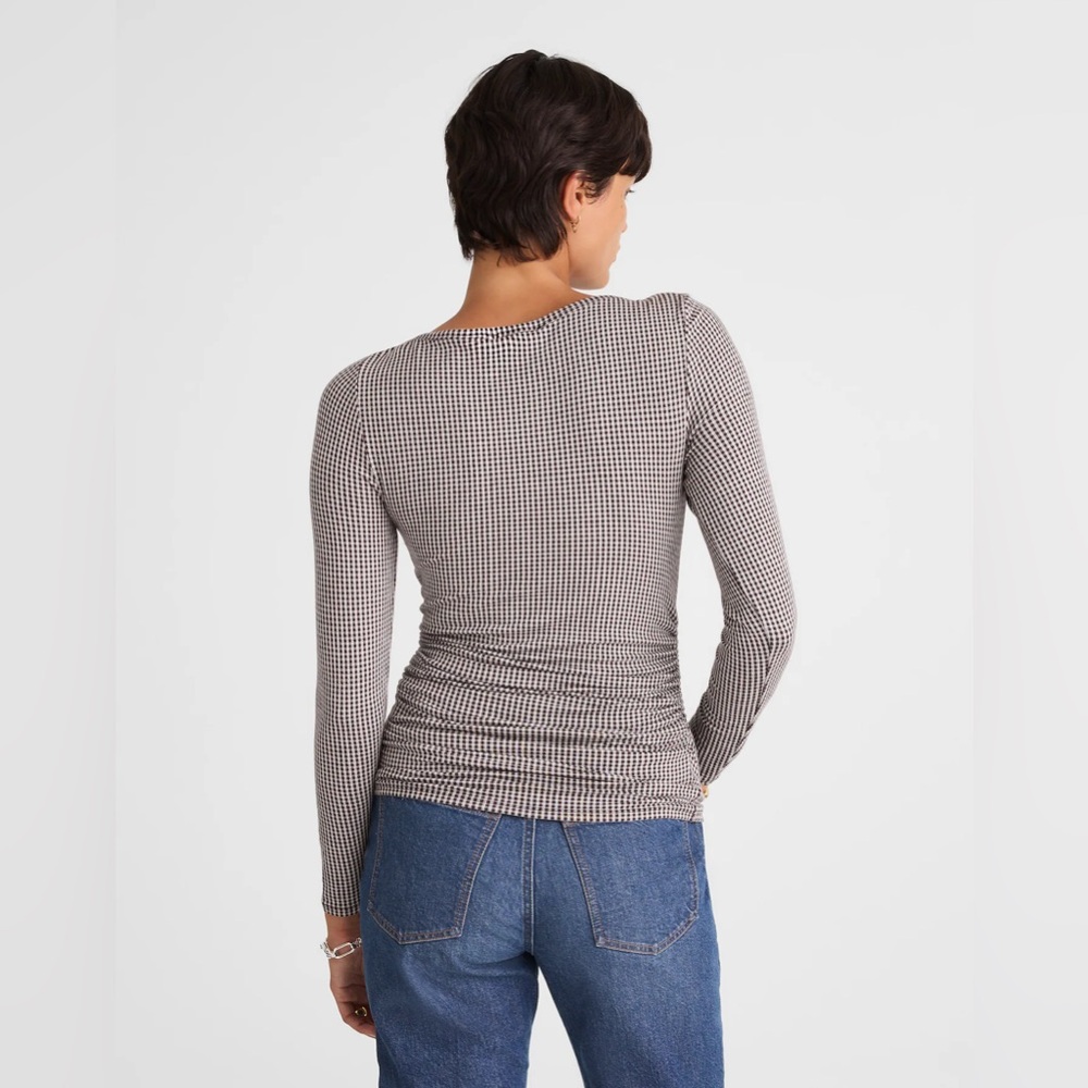 NWT Madewell Women's Ruched Crewneck Long-Sleeve Black and White Houndstooth Top - Picture 4 of 13